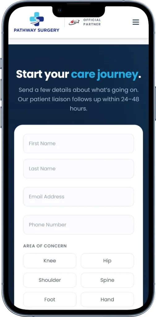 Pathway Surgery contact page with the patient consultation request form