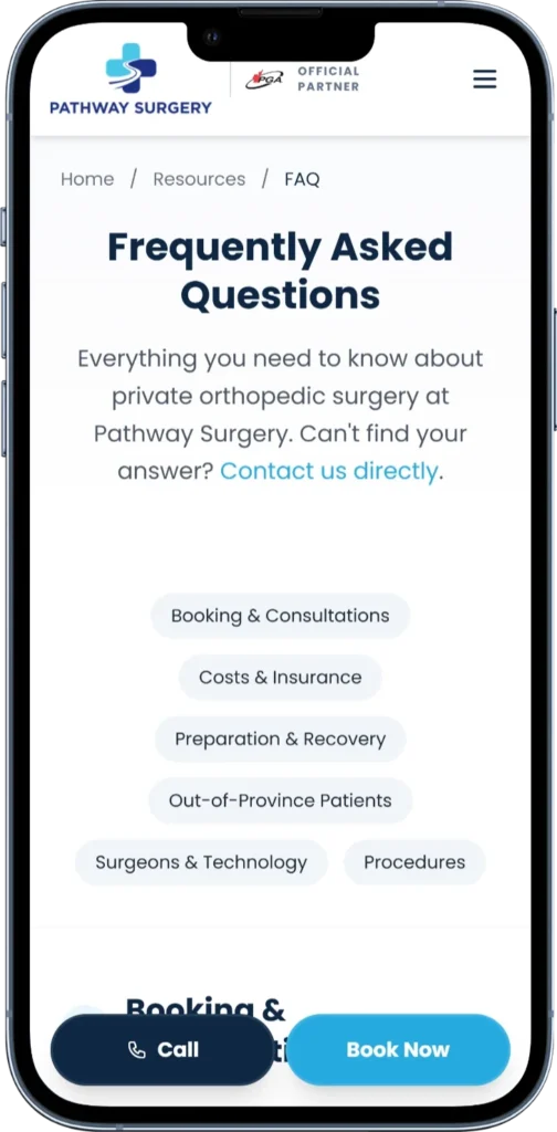 Pathway Surgery FAQ page answering common patient questions about private surgery