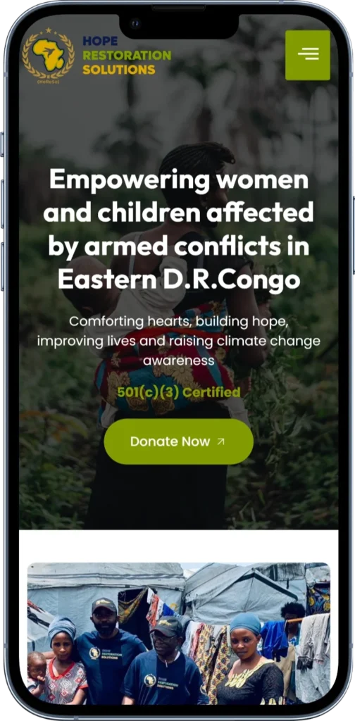 Hope Restoration Solutions homepage supporting women and children in Kivu, DR Congo