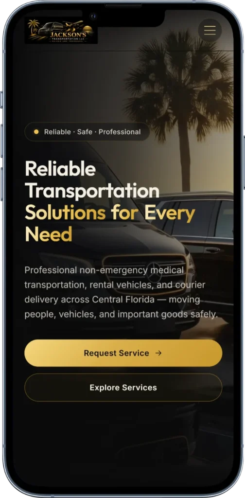 Jackson's Transportation homepage showing medical transport, rentals and courier services