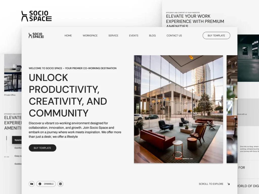 Preview of the Socio Space free Framer template for coworking spaces