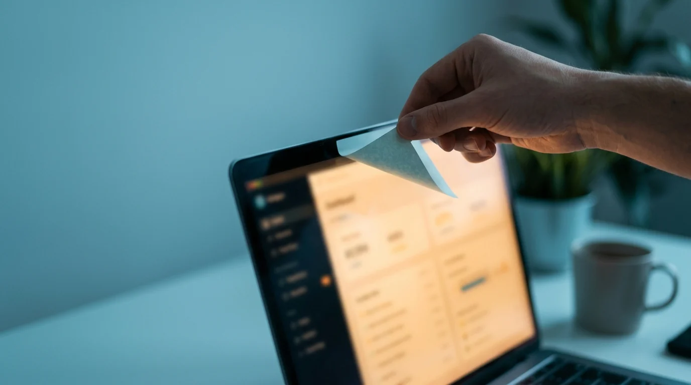 Hand peeling a sticky note off a laptop screen, representing clearing the WordPress cache