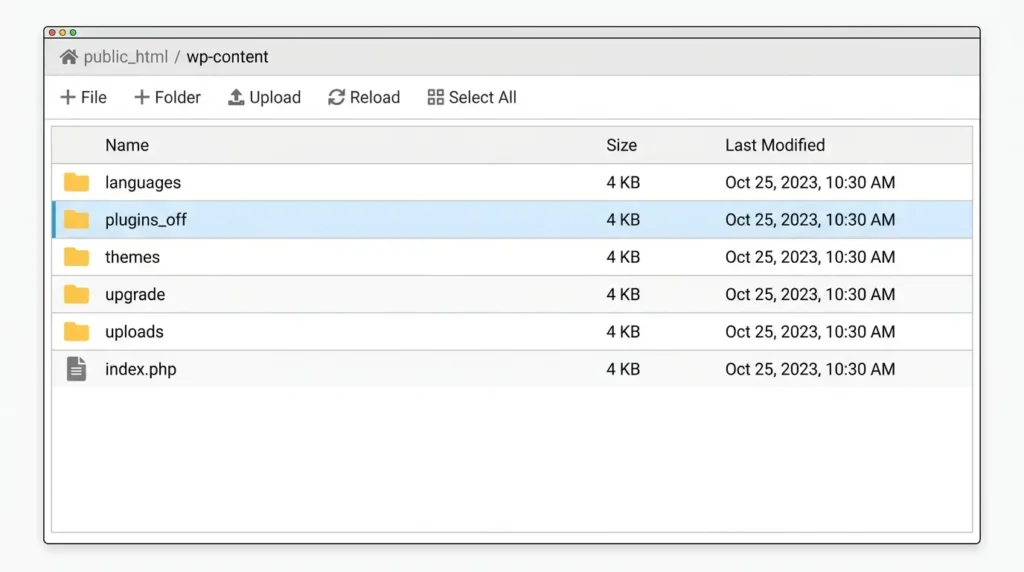 Deactivating all WordPress plugins at once by renaming the plugins folder