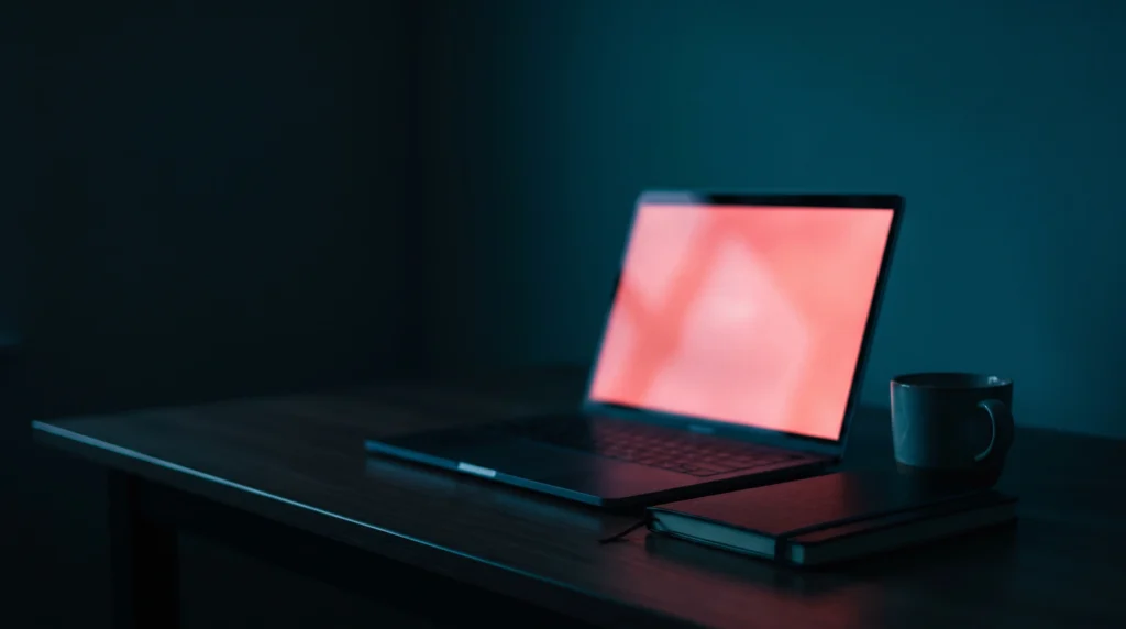 Laptop screen glowing red in a dark office representing a WordPress HTTP 500 error