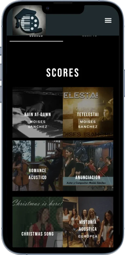 Moises Sanchez portfolio website mobile view showing his music and scores