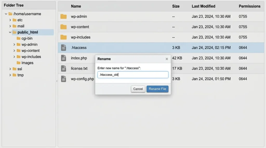 Renaming the .htaccess file in the hosting File Manager to fix a 500 error