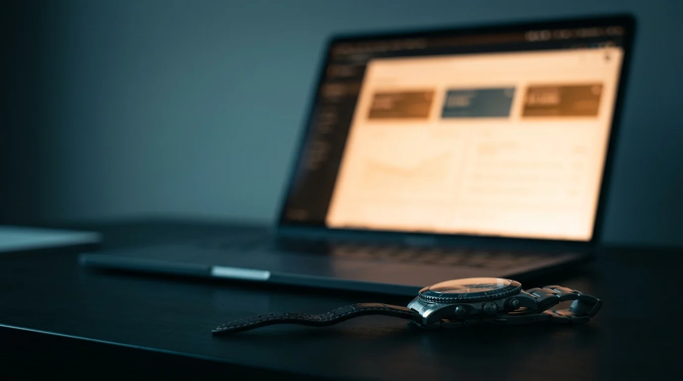 Wristwatch in sharp focus on a desk beside a blurred laptop dashboard, representing a slow WordPress admin