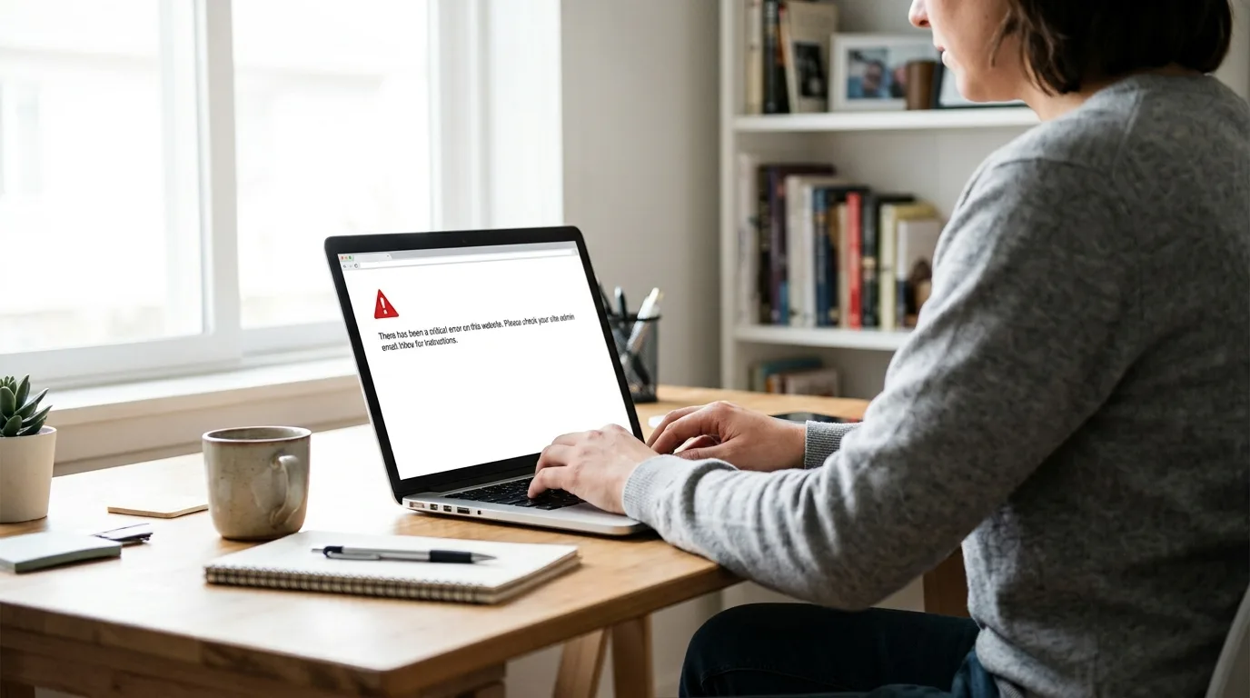 Hands paused above a keyboard in front of a dark screen with a red warning glow, representing the WordPress critical error