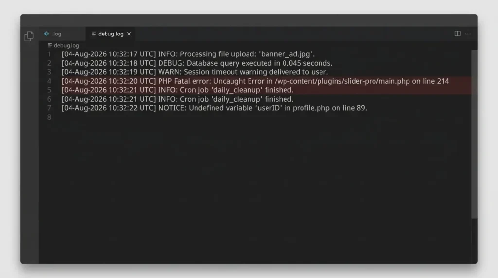 WordPress debug log revealing the plugin causing an HTTP 500 error