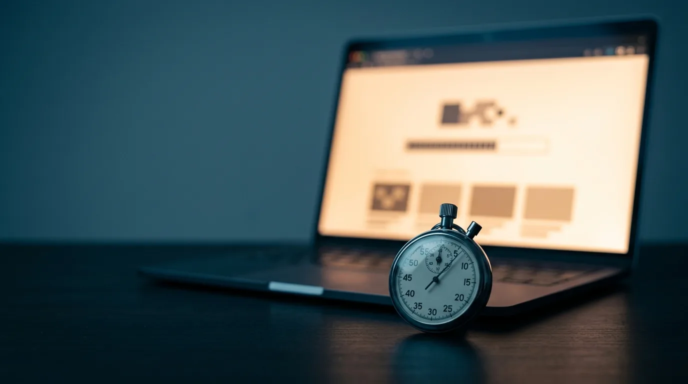 Stopwatch in sharp focus on a desk in front of a blurred laptop loading a webpage, representing a slow WordPress site