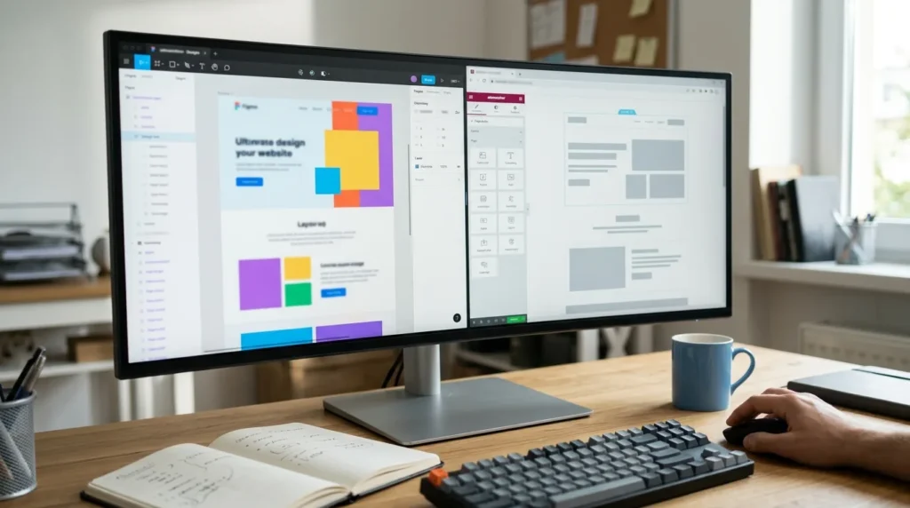 Developer rebuilding a Figma design in Elementor side by side on a split-screen monitor