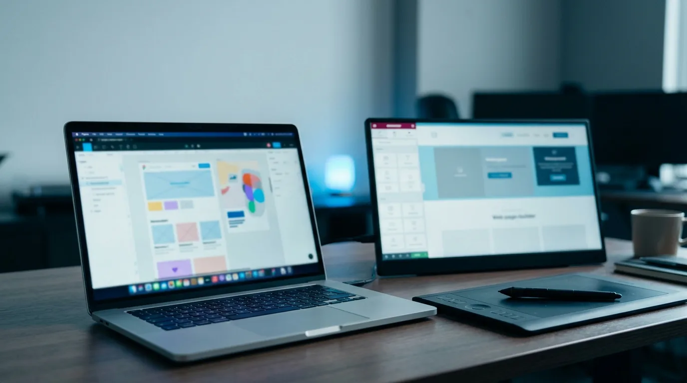 Dual-monitor design workspace showing Figma and Elementor side by side, representing Figma to Elementor conversion