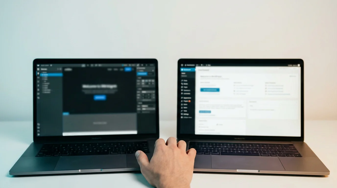 Two laptops side by side on a desk, one showing a dark design interface and the other a light dashboard, representing the Webflow vs WordPress comparison