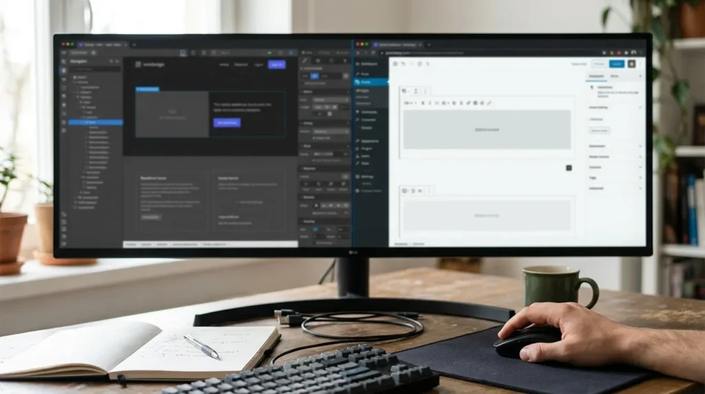 Split-screen monitor showing two blurred web builder interfaces side by side, comparing Webflow and WordPress design tools