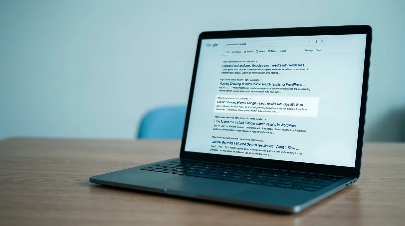 Laptop showing blurred Google search results with blue title links, representing SEO titles in WordPress