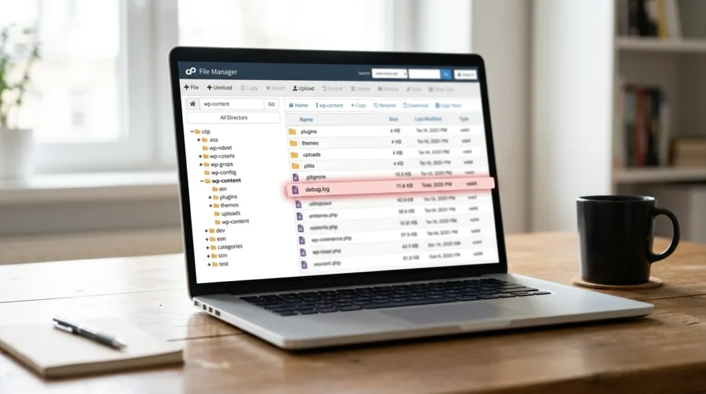 Locating the debug.log file in the wp-content folder using the hosting File Manager