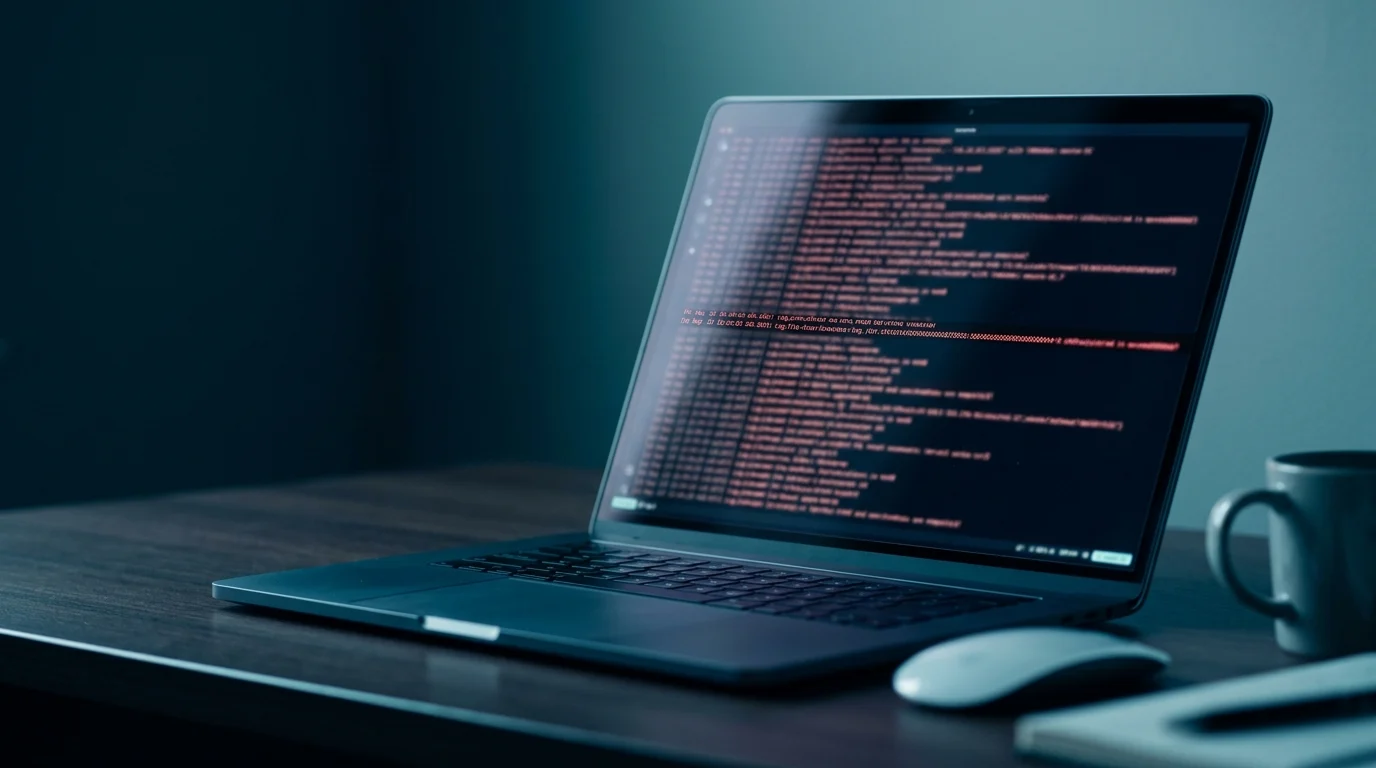 Laptop showing a blurred log file with faint red lines, representing the WordPress error log