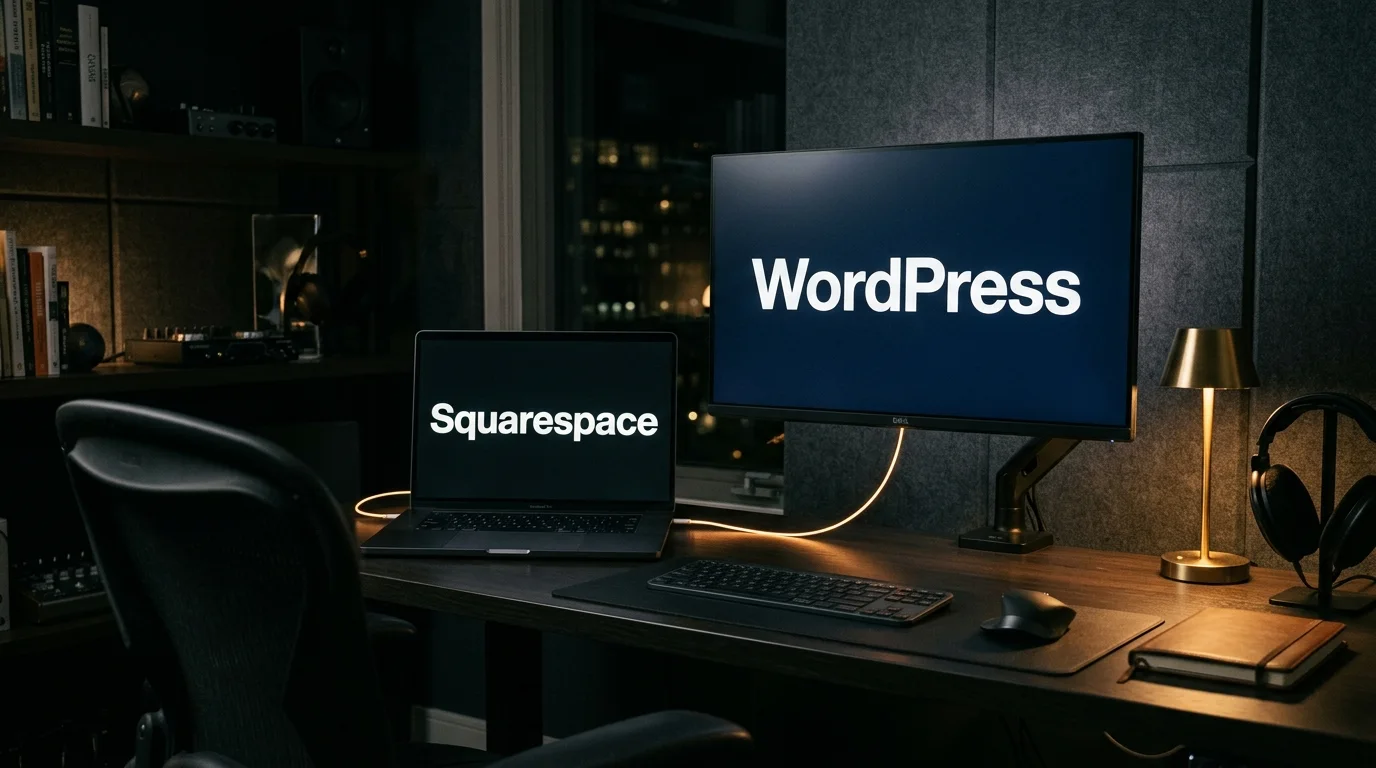 Two monitors in a dark studio, one showing the word Squarespace and the other WordPress, comparing the two platforms
