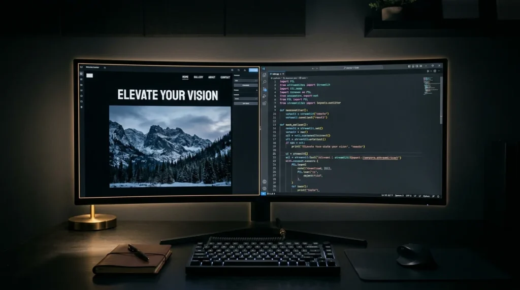 Ultrawide monitor in a dark room split between a visual site builder canvas and a code editor, comparing Squarespace and WordPress editing