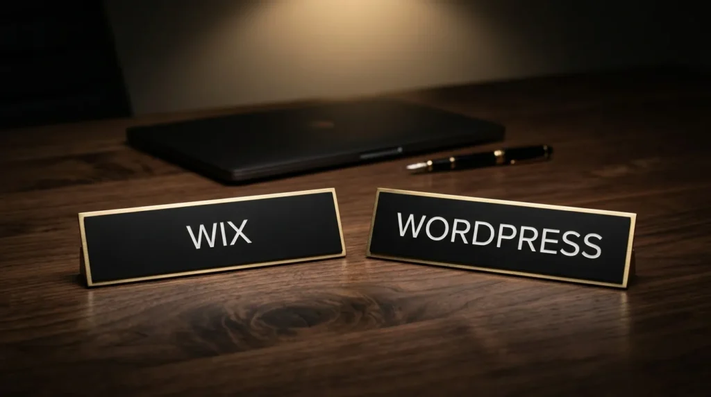Two engraved name plates reading Wix and WordPress under a spotlight on a dark desk