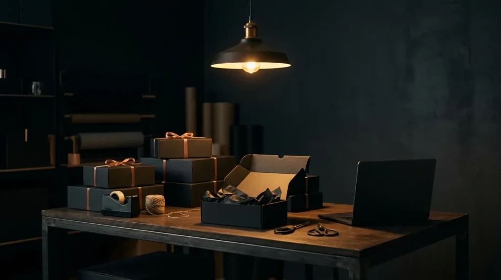Black shipping boxes on a packing table under a warm lamp in a dark studio, representing an online store