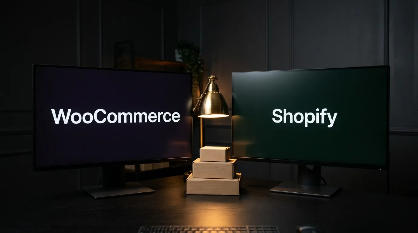 Two monitors in a dark studio showing the words WooCommerce and Shopify with shipping boxes between them