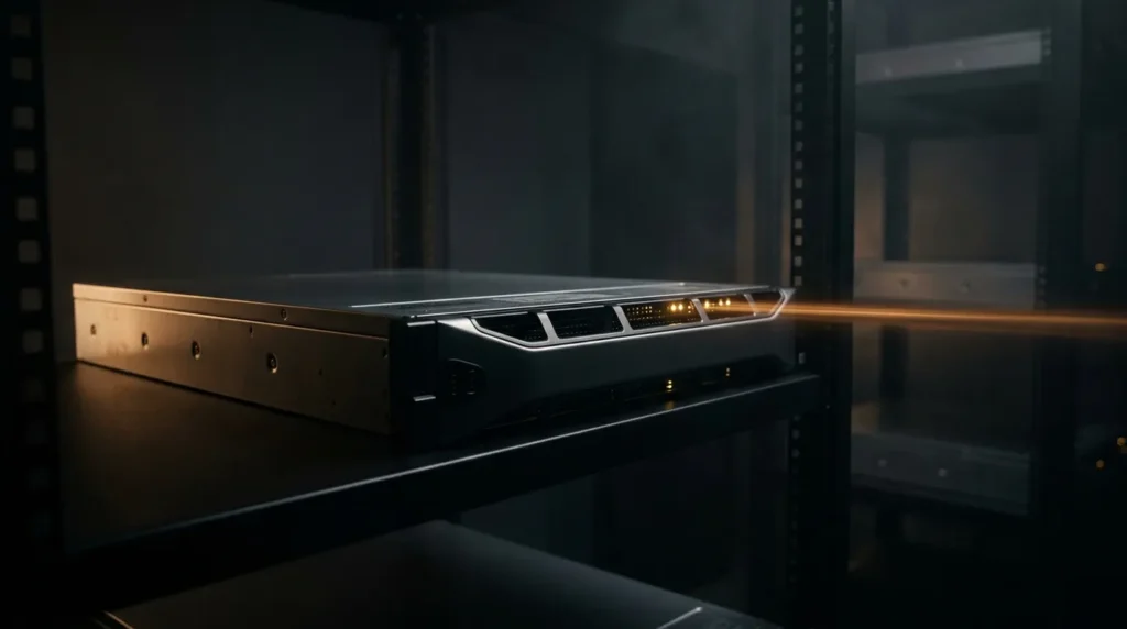 Black server with amber status lights in a dark room, representing fast WordPress page caching