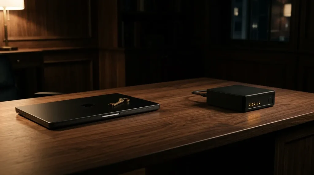 Laptop with a brass key next to a small black server in a dark room, representing hosted versus self-hosted WordPress