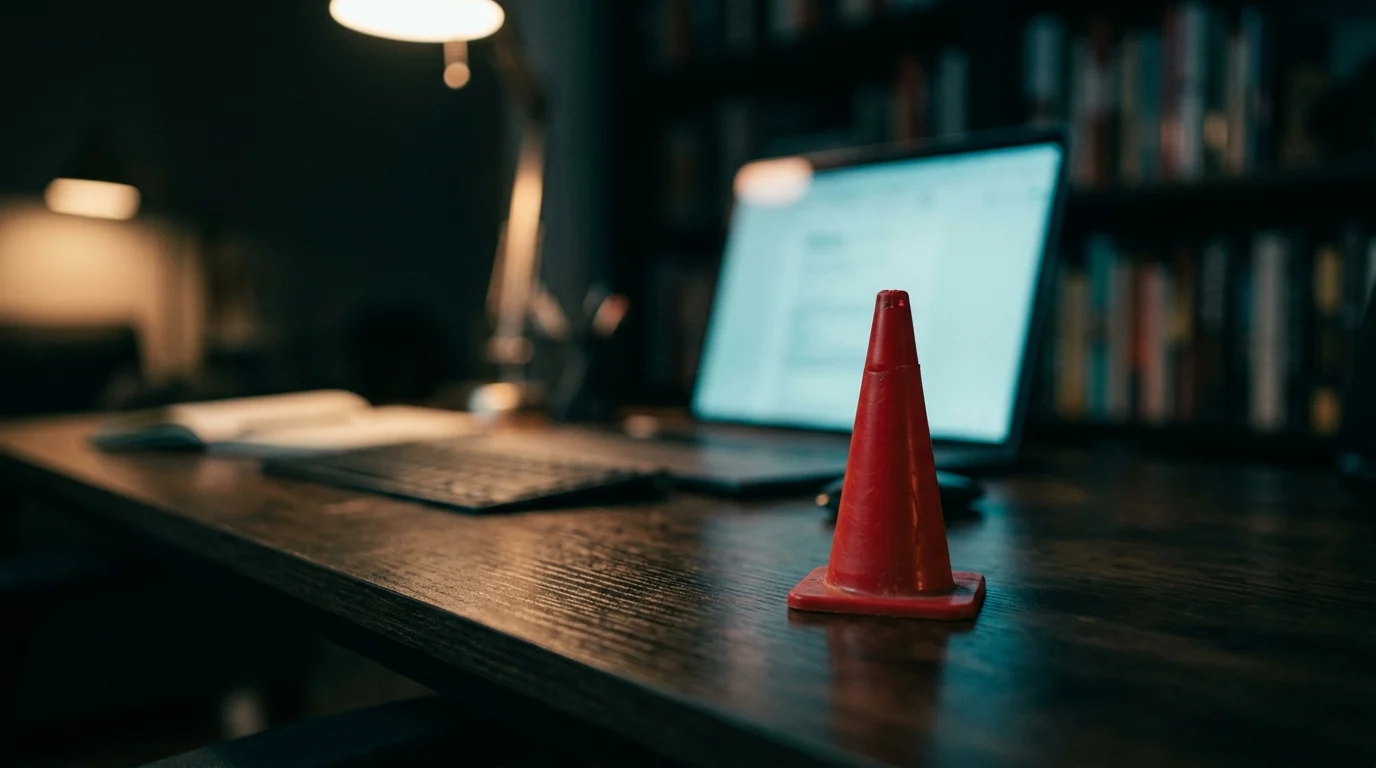 Red traffic cone on a desk in front of a laptop, representing a WordPress site stuck in maintenance mode